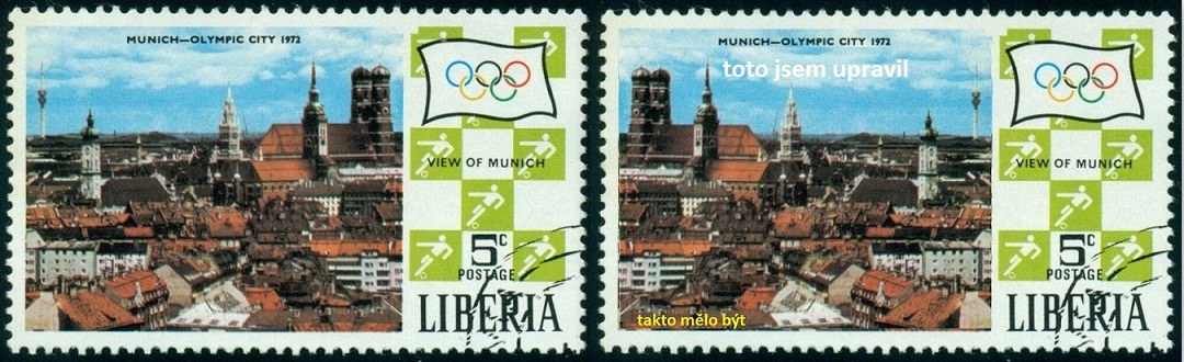 LIBÉRIE. na známce vlevo je omylem zrcadlově obrácený pohled na Mnichov