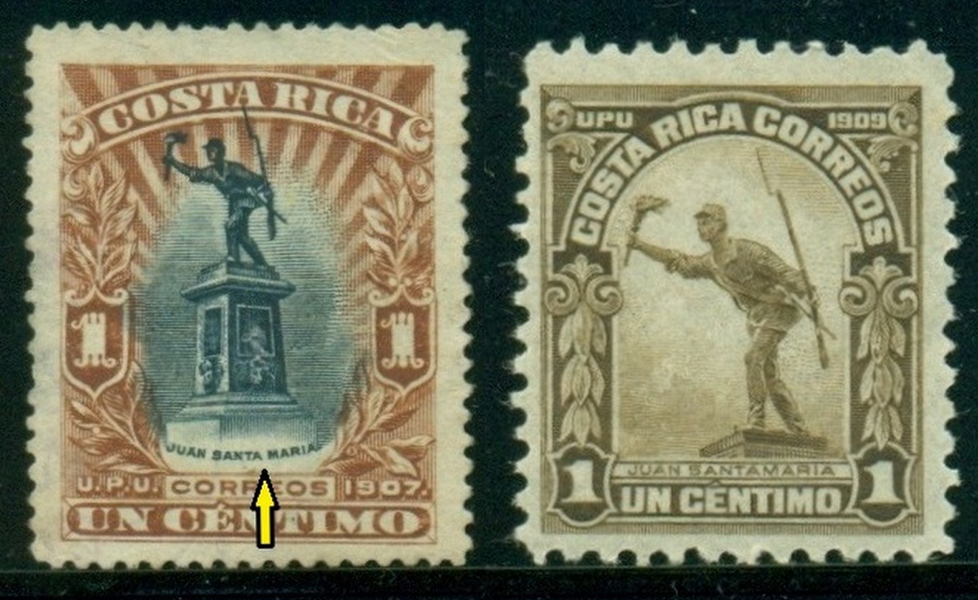 KOSTARIKA. chybné jméno na známce vlevo. správně je Juan Santamaria na známce vpravo.