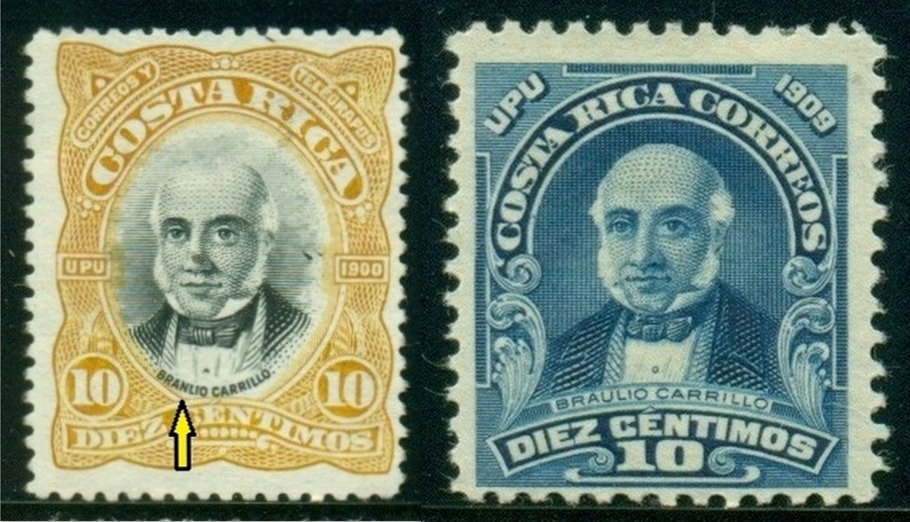 KOSTARIKA. chybné jméno na známce vlevo. vpravo je správně Braulio Carrillo.