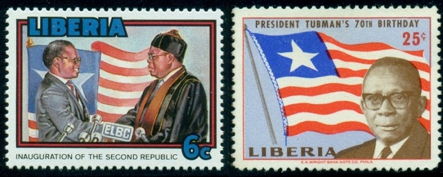 LIBÉRIE. na známce vlevo má vlajka víc pruhů než ve skutečnosti.