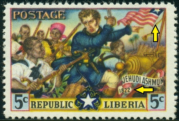 LIBÉRIE. anachronismus. vyobrazeny události z roku 1822 a chybně vlajka Libérie
