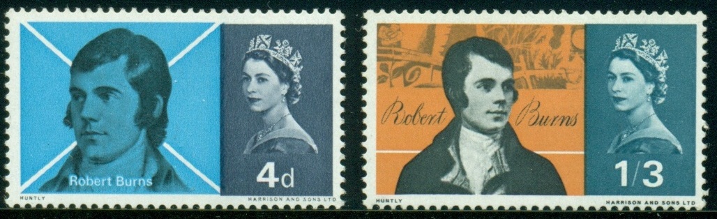 VELKÁ BRITÁNIE. chybné zobrazení. na známce vpravo je básník Robert Burns zrcadlově obrácen