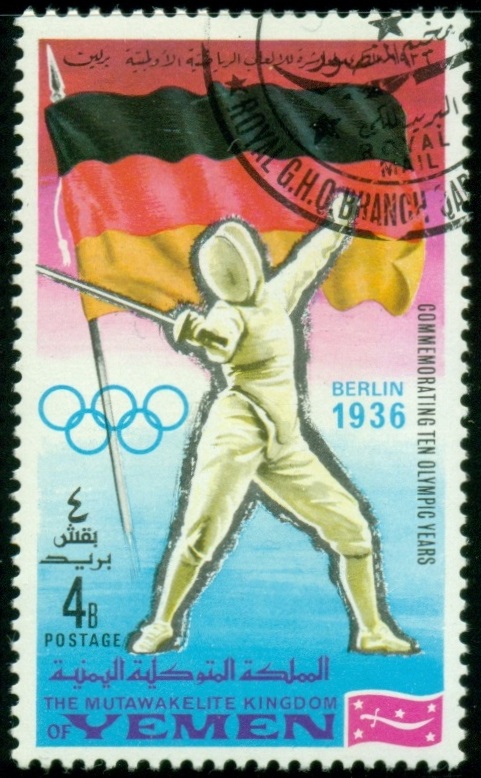 JEMEN KRÁLOVSTVÍ. chybně vlajka Německa. na olympiádě 1936 byla používána vlajka s hákovým křížem
